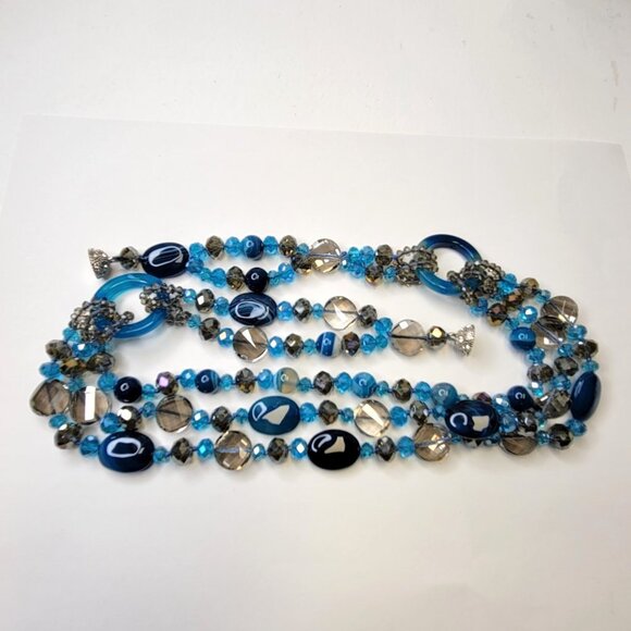Blue Beaded Necklace MultiStrand Blue and Grey Beaded Necklace - Picture 7 of 13